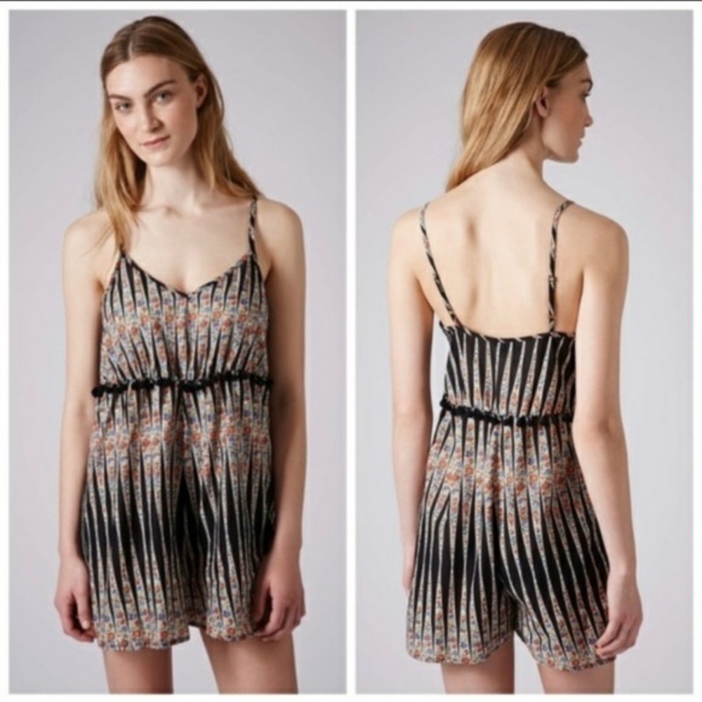 Topshop‎ Spliced Floral Print Pom Pom Boho Romper Size S
